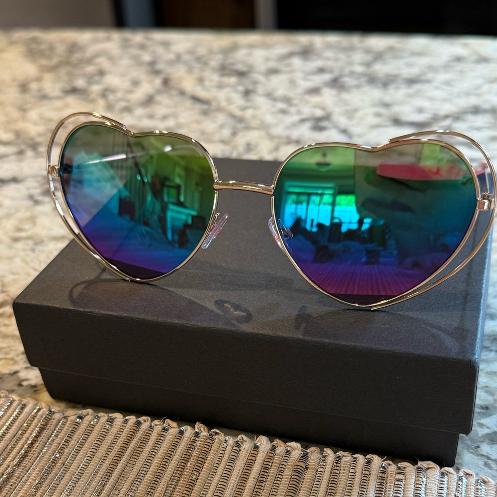 NEW Betsey Johnson Rainbow Mirrored Heart Gold Framed Sunglasses